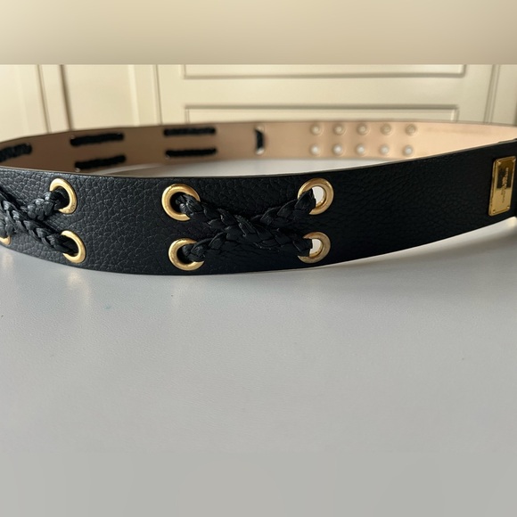 Michael Kors black leather belt w/ gold grommets & cord detail. Like new. Sz M - Picture 4 of 7